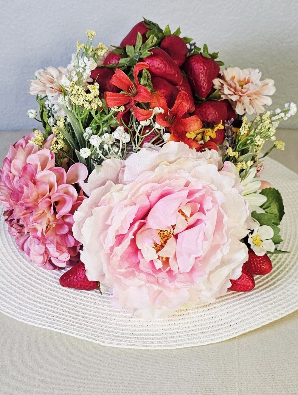 Handmade Strawberry Floral Cottagecore Kentucky Derby Tea Party Wide Brim Hat
